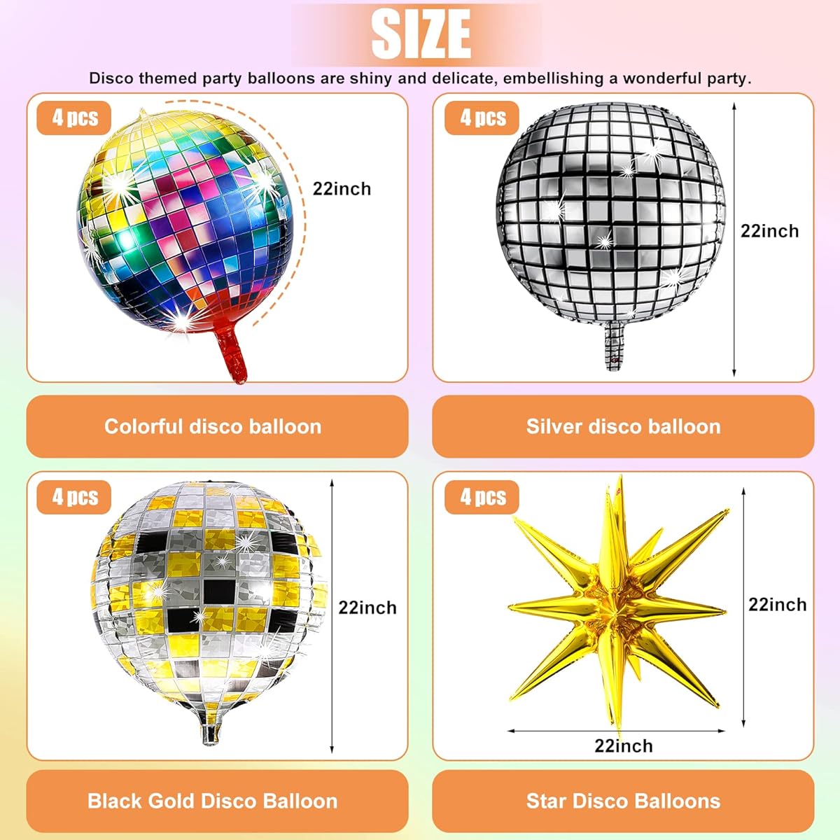 16pcs Disco Balloons 4D Disco Balloons 22inch Disco Party Balloons Gold Explosion Star Foil Balloons Self Sealing Metallic Mirror Balloons for 70s 80s 90s Theme Disco Party Decorations