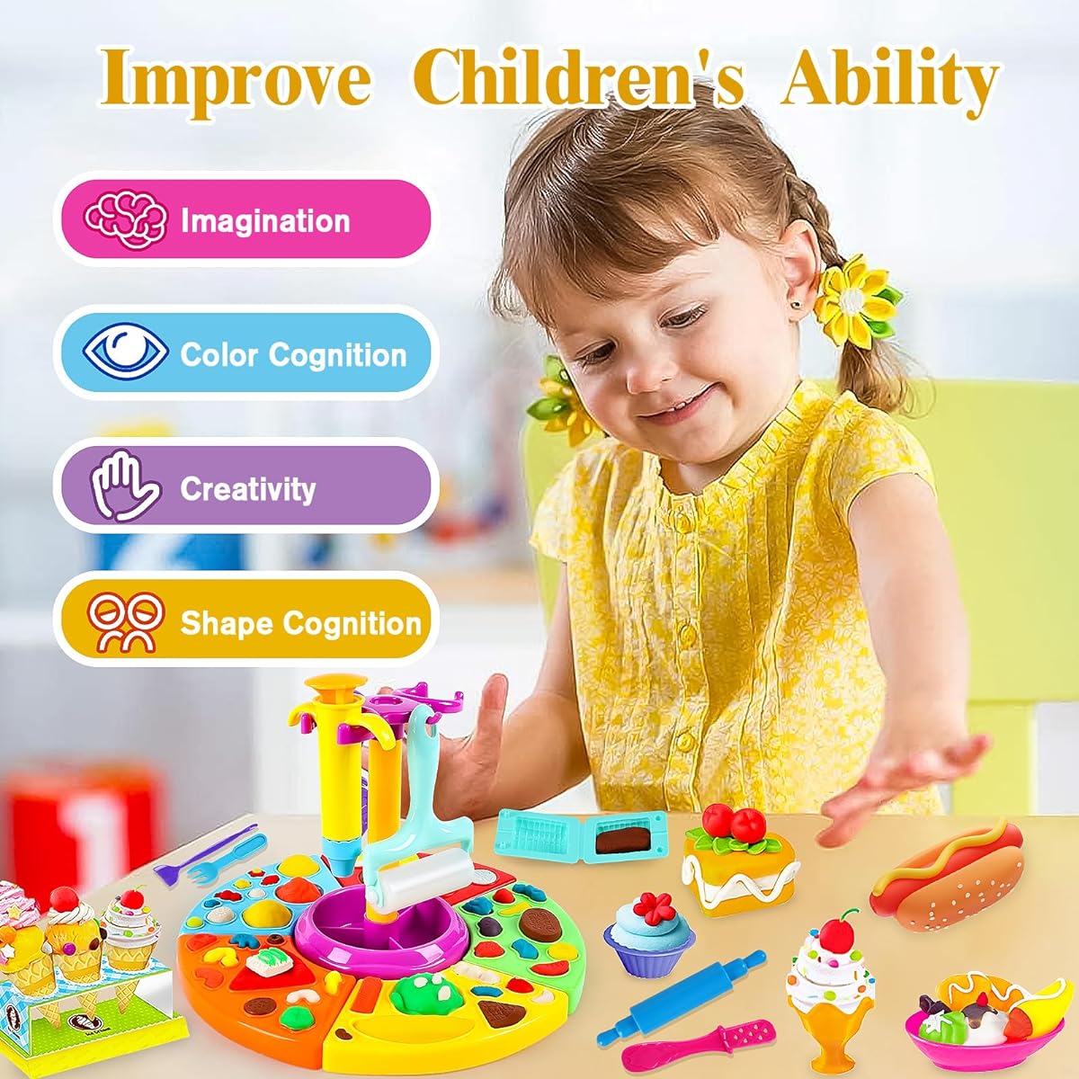 Play Dough Toys Set 57pcs DIY Color Dough Kitchen Toy Kit Kids Cooking Maker for Ages 3 4 5 6 7 8 Girls Boys Kids Christmas Birthday Gifts