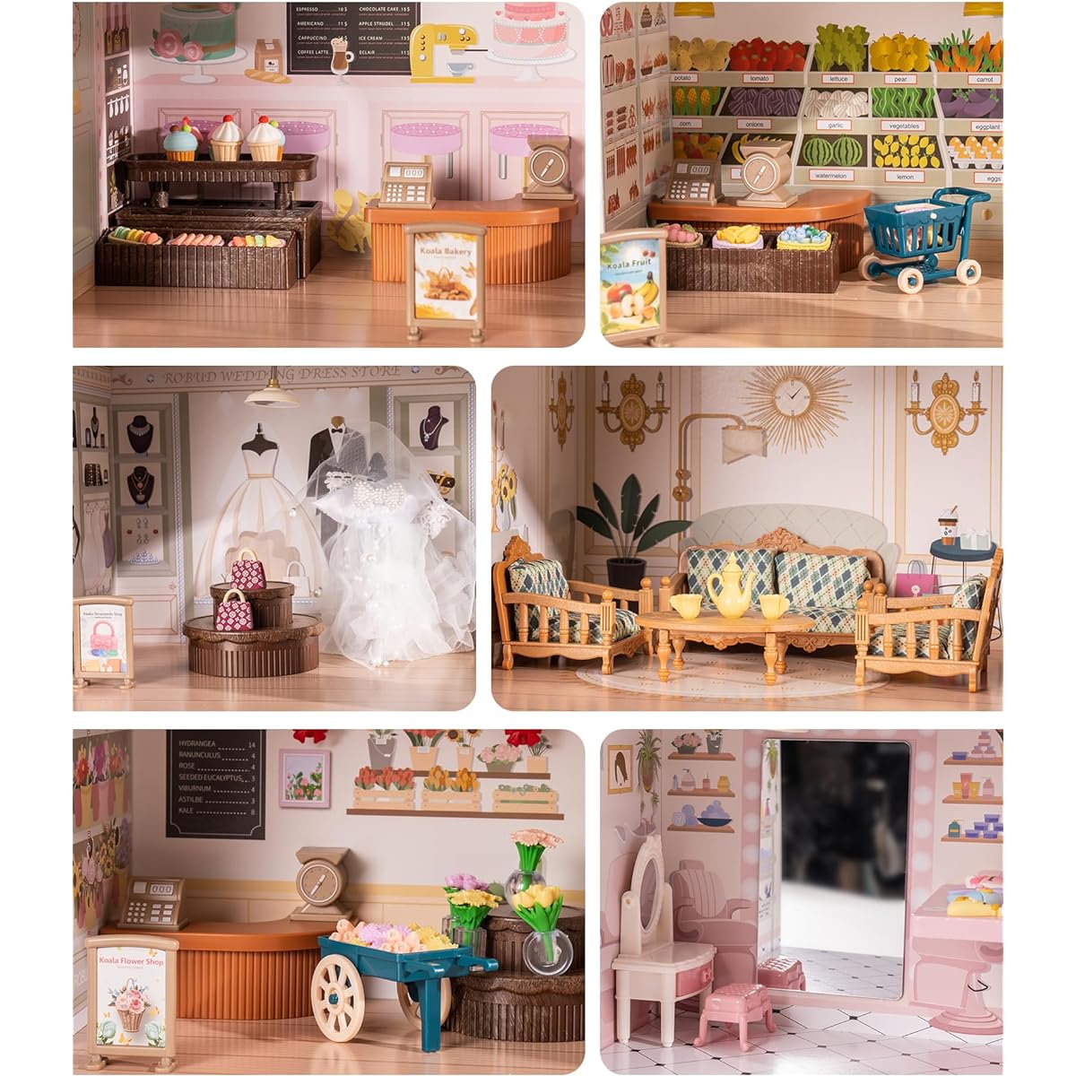 ROBUD Wooden Dollhouse, Dollhouse for Kids, 9 Different Scenarios, Pretend Play for Toddlers, Musical Mechanism Movement, Ages 3+