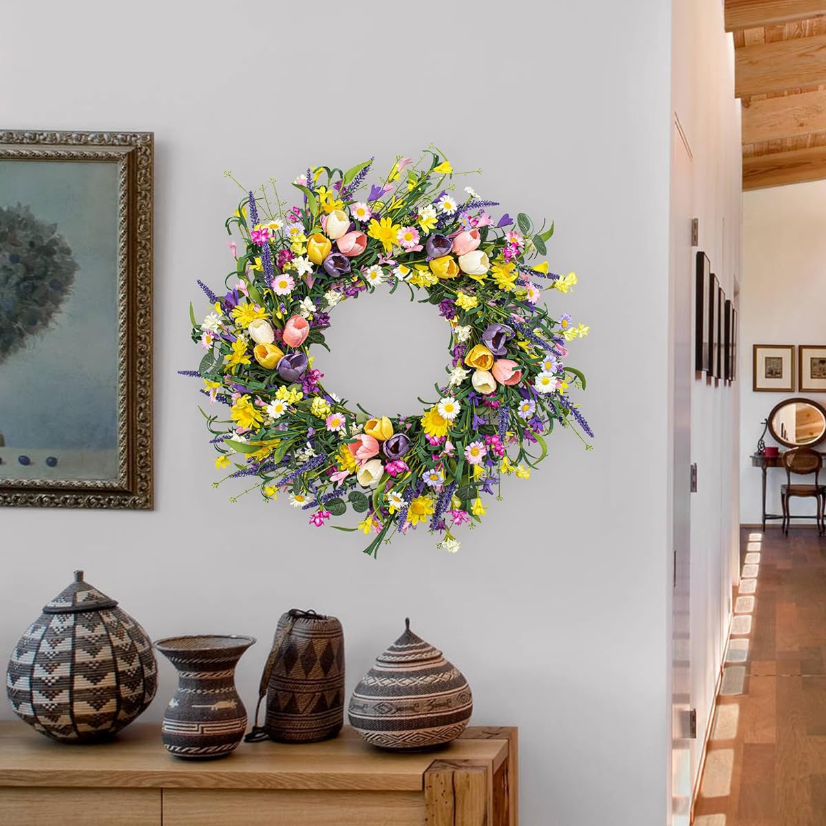 VioletEverGarden Spring Wreath, 22" Indoor Summer Wreath, Artificial Spring Wreath for Front Door, Tulip Wreath with Daisies and Lavender, Home Holiday Decorations