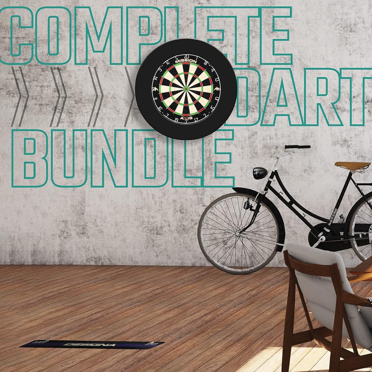 Mission Darts Axis Home Center | Darts and Dartboard Complete Bundle Including Surround and Ocher with 2 Sets of Darts Black (SU082)