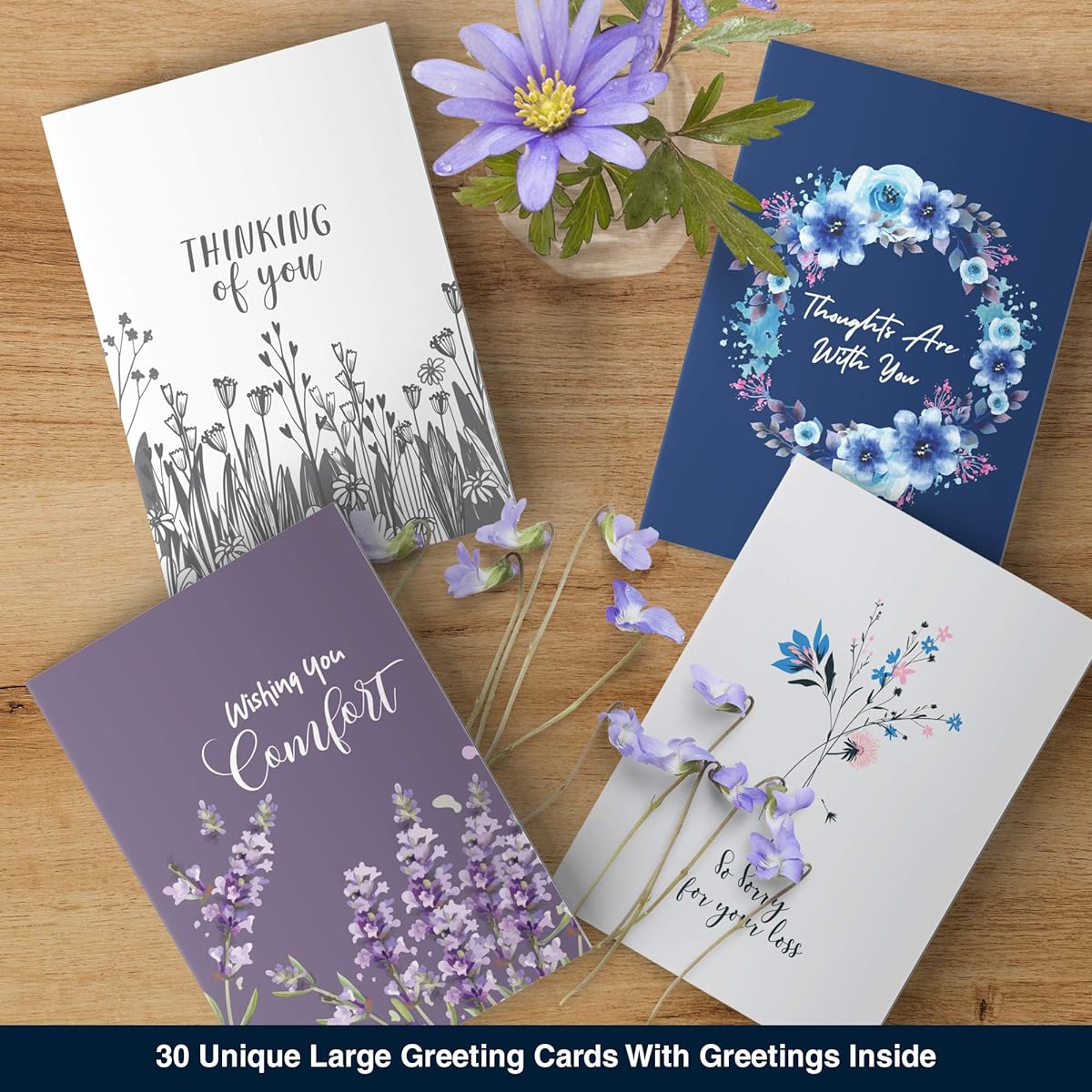 Dessie Unique Sympathy Cards with Inner Greeting, Envelopes, Matching Stickers, Sturdy Storage Box, 30 Large Cards