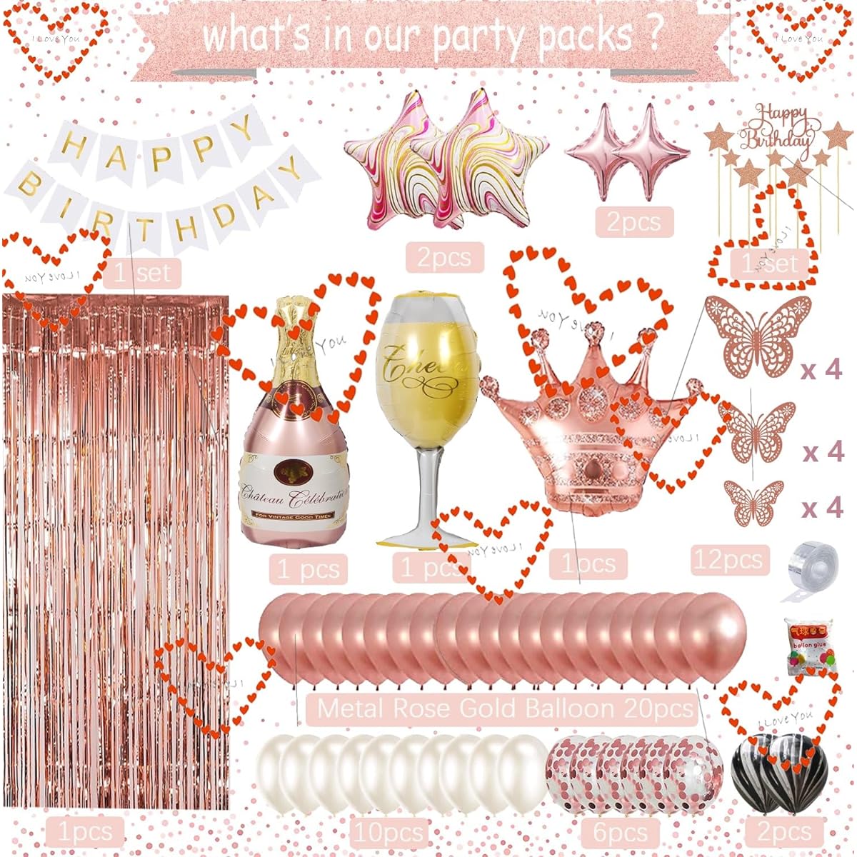 Rose Gold Birthday Decorations for Women Girls Birthday Party Supplies with Happy Birthday Banner Fringe Curtain Tassel Garland Cake Topper for Girls Women Birthday Party