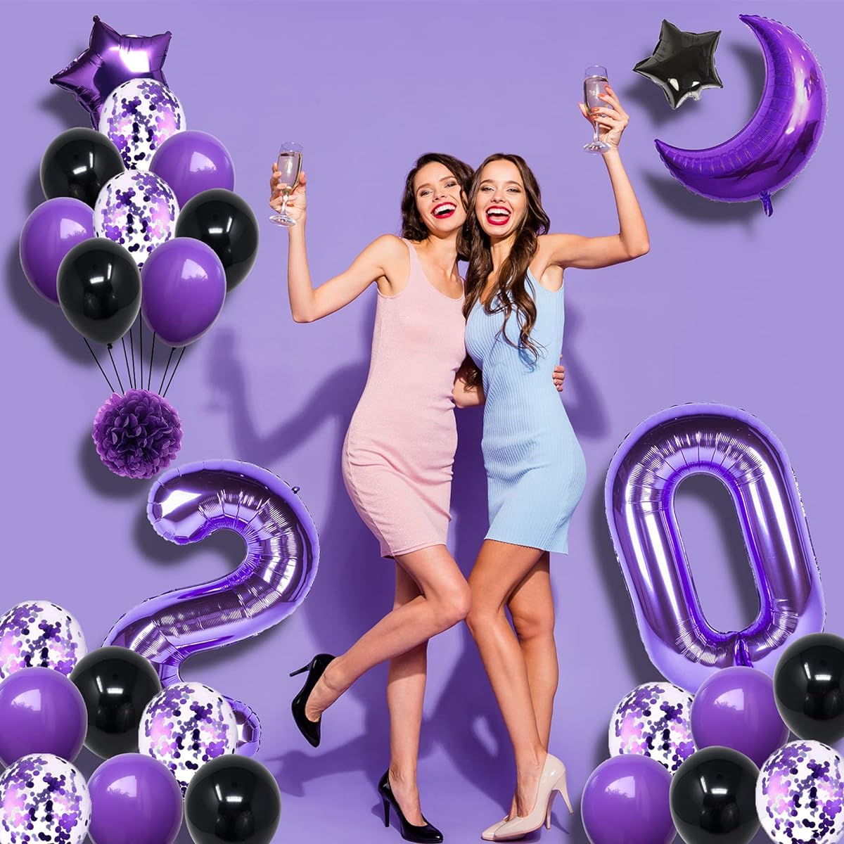 NANINUNENO 20th Birthday Decoration Set for Girls Women Boys Men Purple Black 20 Happy Birthday Party Balloons Purple Number Balloons 20 Happy Birthday Banner and Moon Balloons