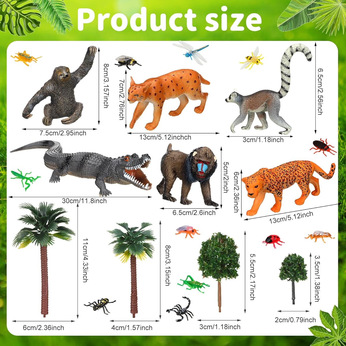 MiniInflat Rainforest Animal Figures Toy Set, 39pcs Assorted Rainforest Figures, Diorama Supplies, Miniature Model Trees for Boys and Girls, Educational Toys, Birthday Party Favors, Pinata Fillers