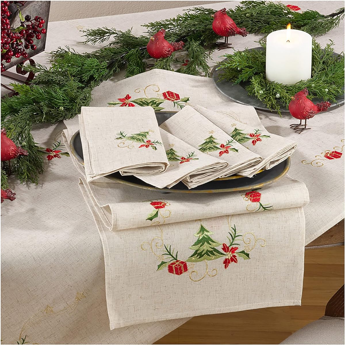 OccasionGallery Natural Poly Blend Linen Embroidered Christmas Tree Table Runner 16" x 54"