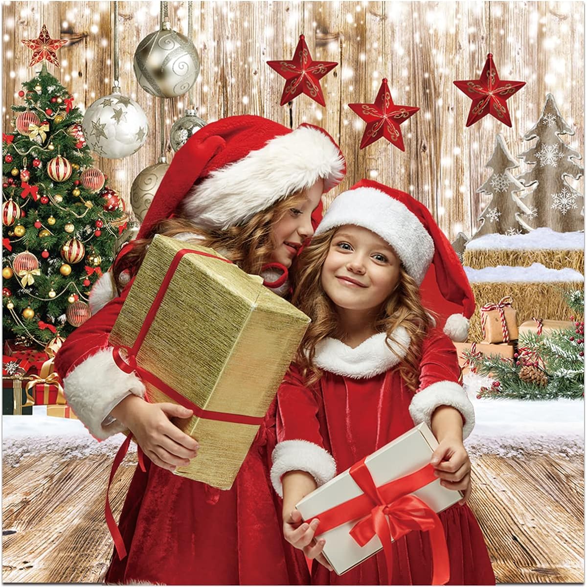 Dudaacvt 6x8ft Christmas Backdrop Christmas Tree Gifts Snow Vintage Wood Floor Background New Year Party Backdrop Christmas House Party Background D647