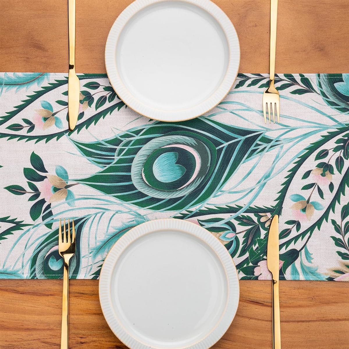 RUSPEPA Table Runner Peacock Feather Linen Table Runner for Everyday Kitchen Dining Decor Party Table 13 x 72 Inch Peacock Feather