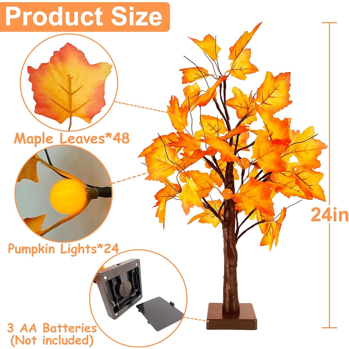 TURNMEON Fall Decorations 2 Pack 24"/2ft Lighted Maple Tree Timer Fall Decor Tabletop Fall Tree 48 LED Battery Operated Pumpkin Lights for Fall Indoor Home Thanksgiving Halloween Decor (Orange Red)