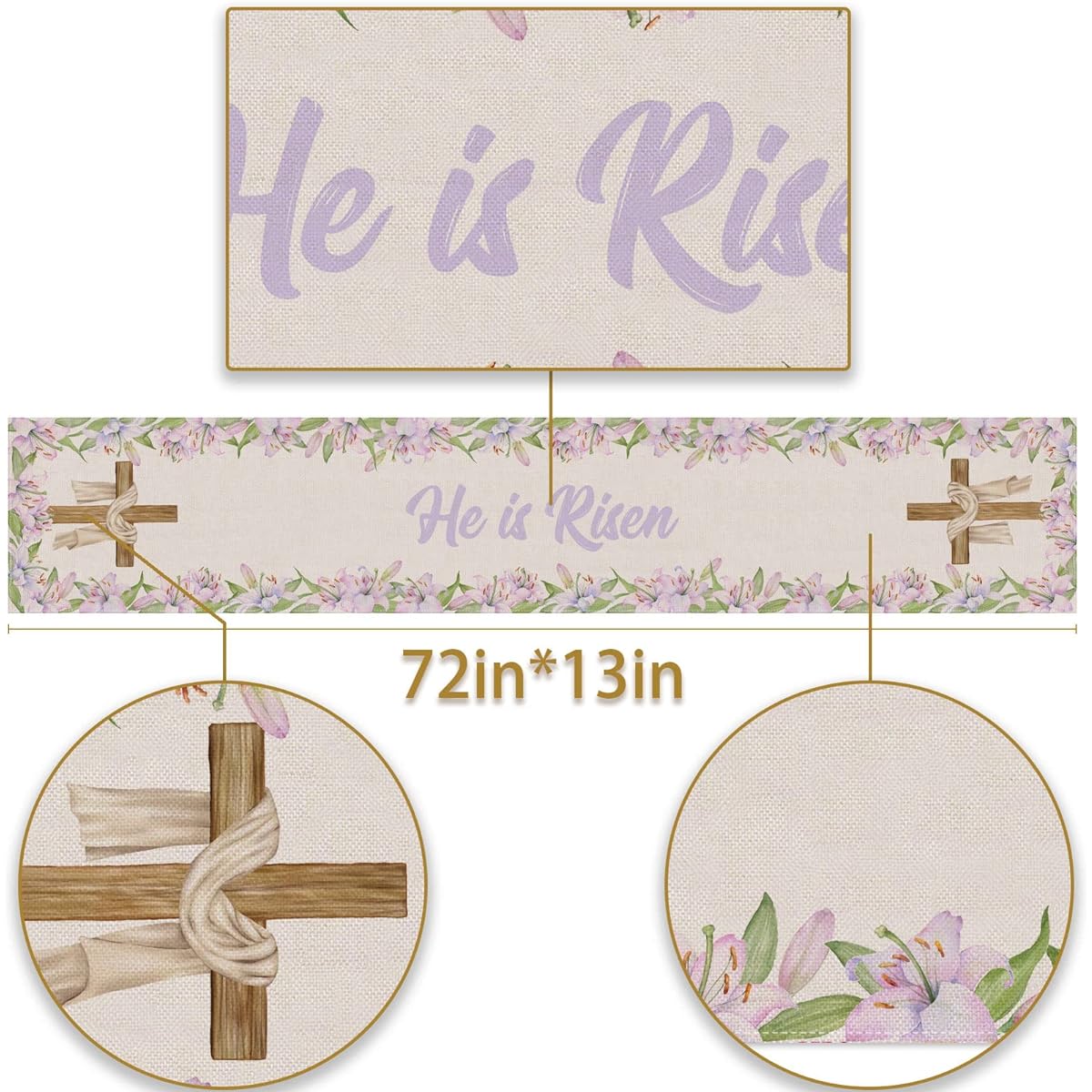 Pudodo He is Risen Table Runner Easter Christian Cross Resurrection Lily Flower Spring Holiday Party Kitchen Dining Home Decor