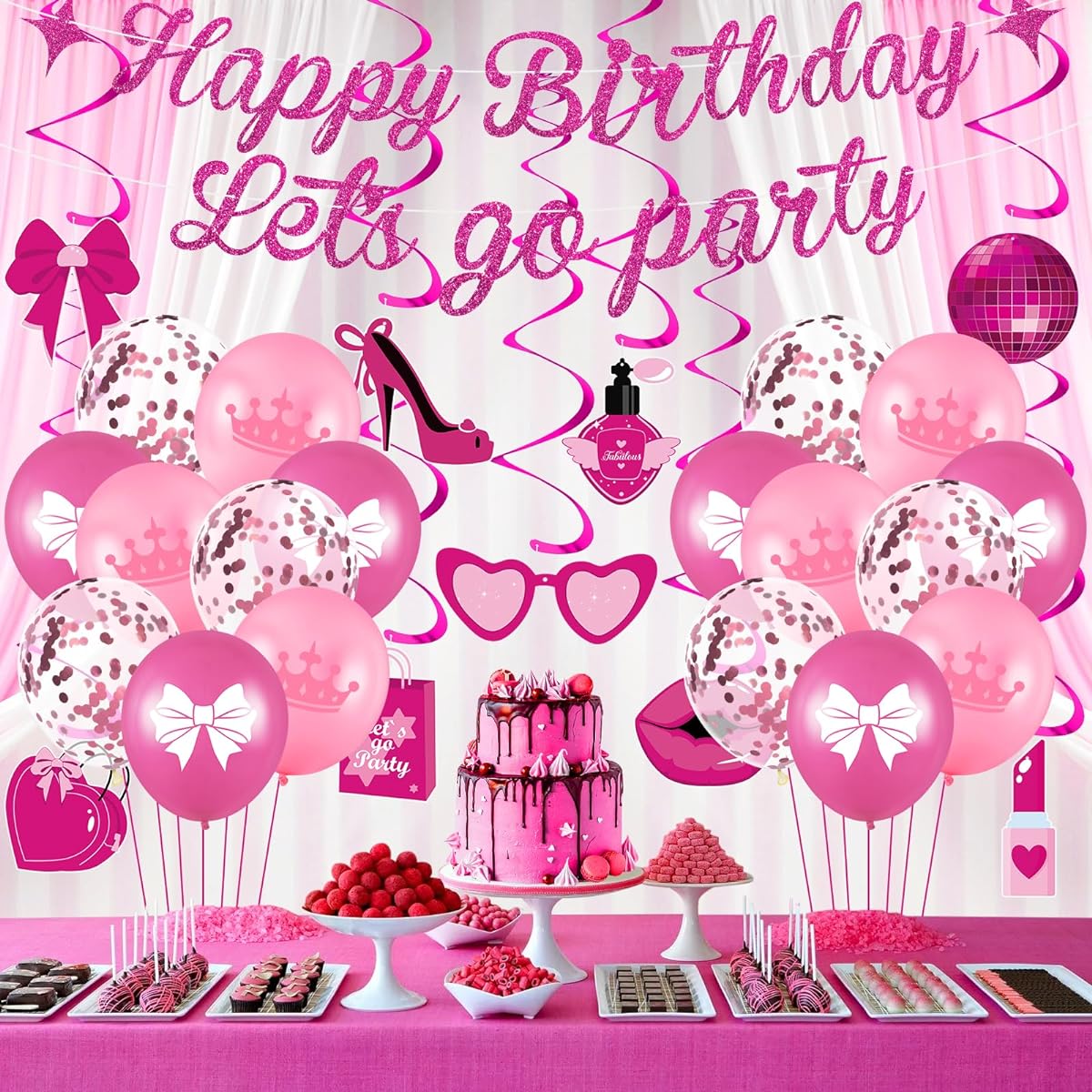 Pink Birthday Party Decorations Hot Pink Happy Birthday Banner Let's Go Party Banner Decorations Pink Latex Balloons Hanging Swirls Girls Women Princess Birthday Baby Shower Bachelorette Party