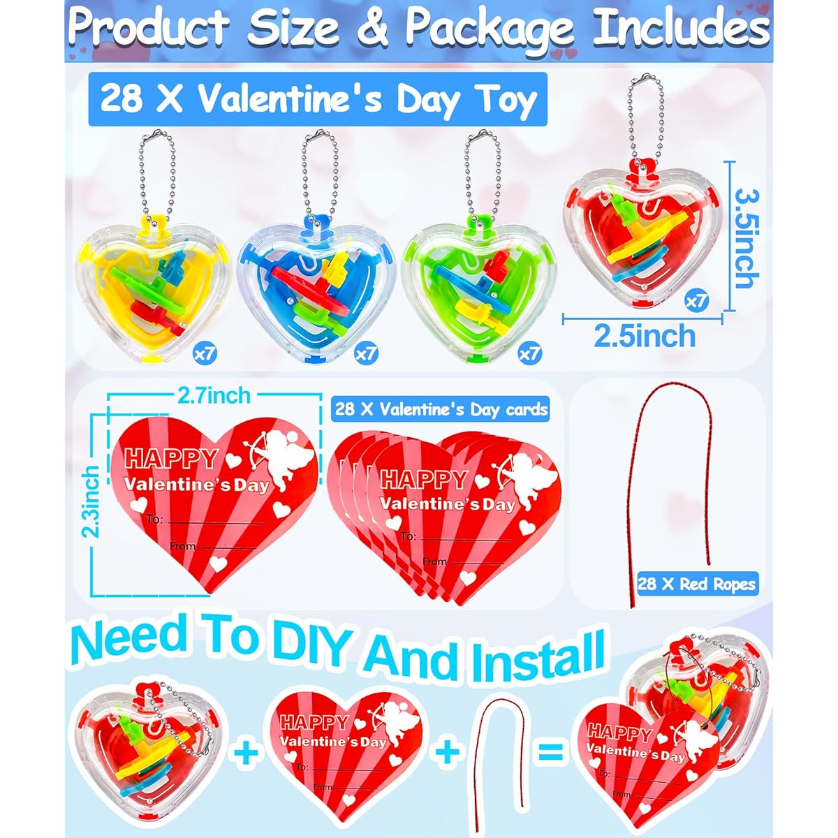 AMENON 28 Pack Valentine Maze Ball Puzzle Fidget Toy with Hearts Valentine Cards for Kids Boys Girls Valentine Classroom School Exchange Valentine Gifts