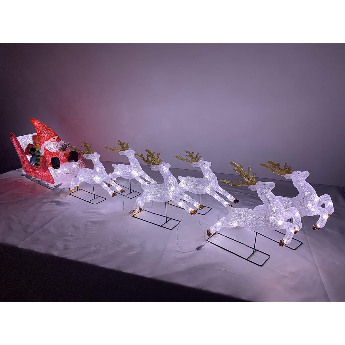 Six reindeer, Santa and sleigh set, impressive, over 2m, LED illumination, Christmas motif, crystal brilliant finish, outdoor use