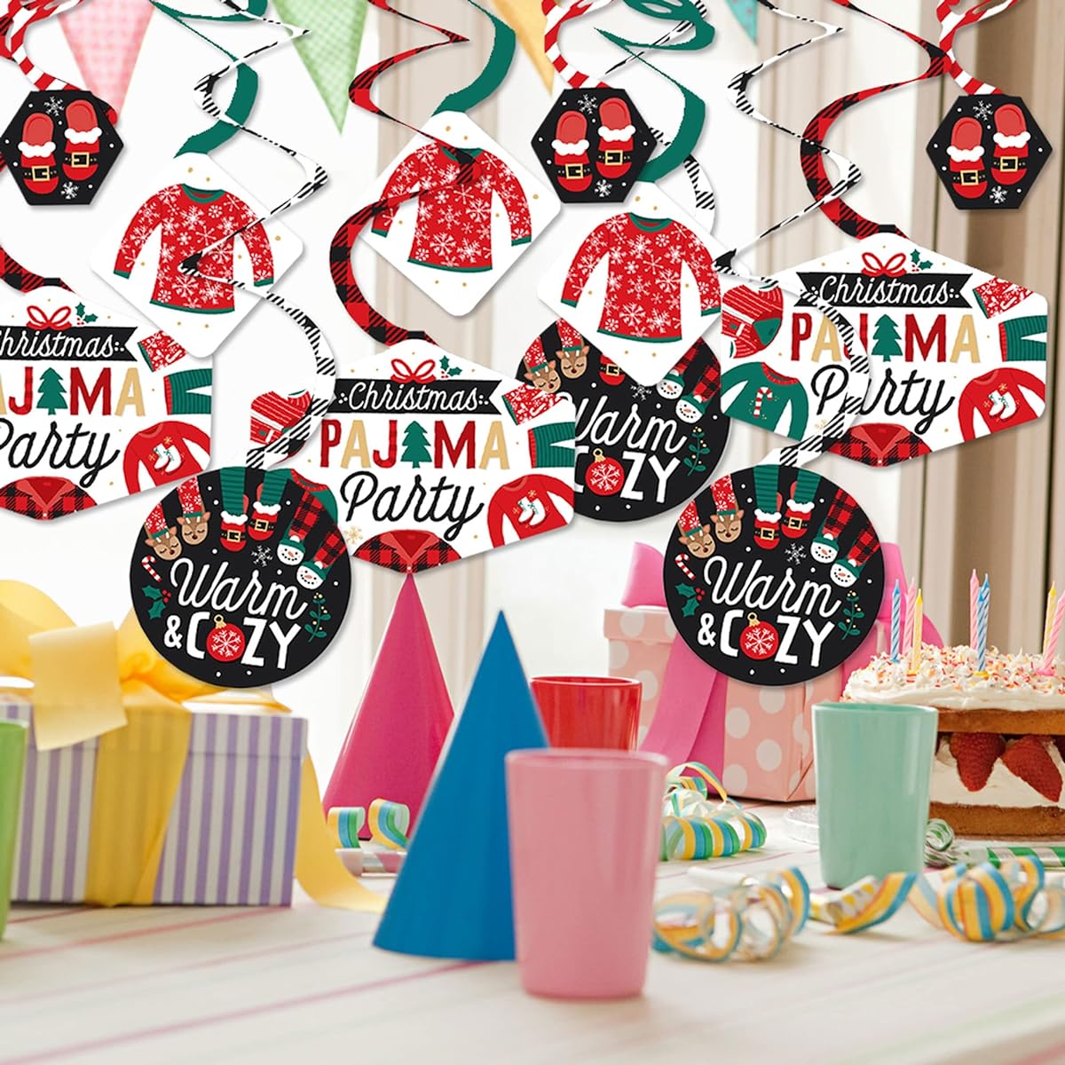 Big Dot of Happiness Christmas Pajamas - Holiday Checkered PJ Party Hanging Decorations - Party Decoration Swirls - Set of 40