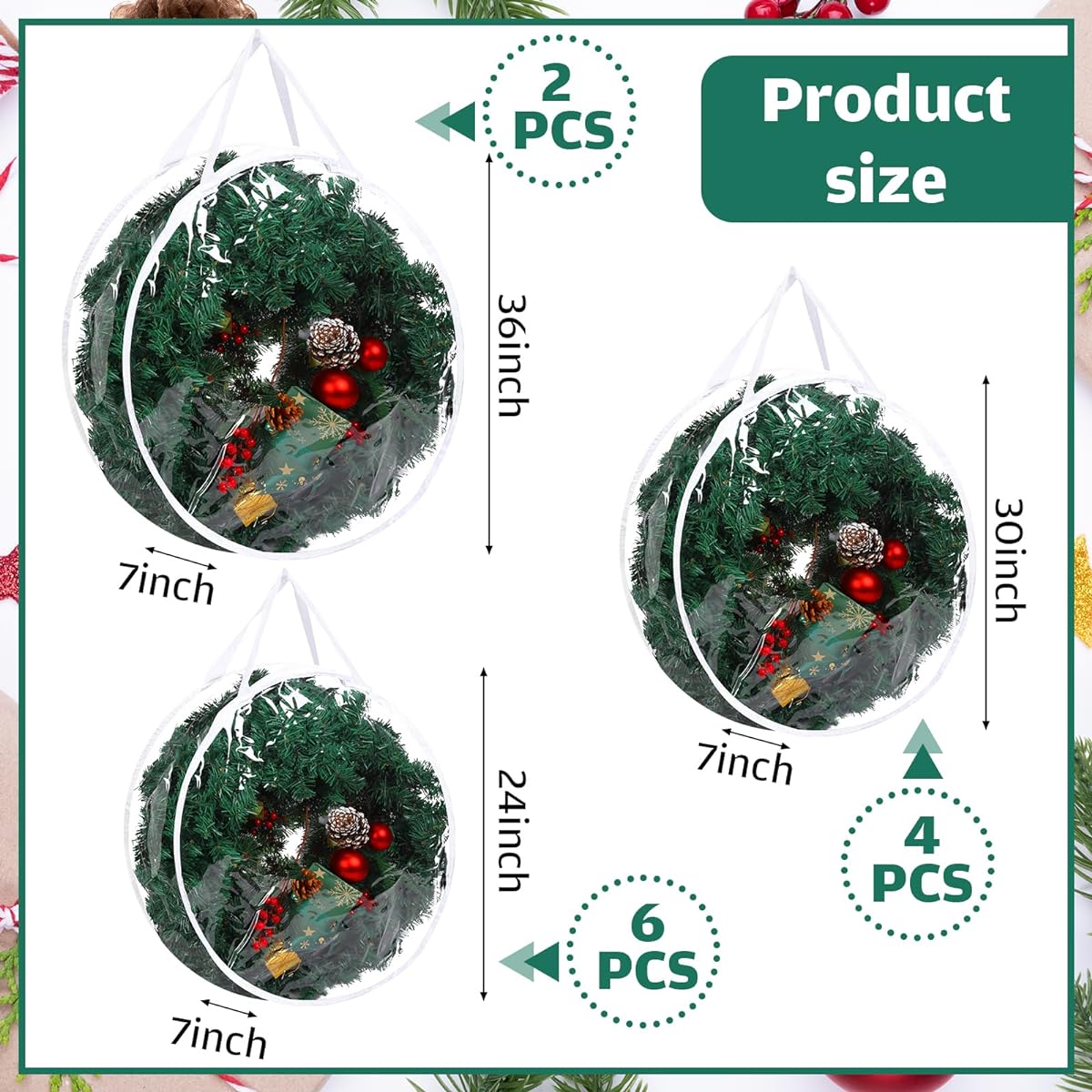 Wesnoy Christmas Wreath Storage Containers, 12PCS Xmas Clear Wreath Storage Bags Holiday Wreath Holder Plastic Wreath Box with Zipper and Reinforced Handles for Seasonal Garlands, 3 Sizes (Clear)