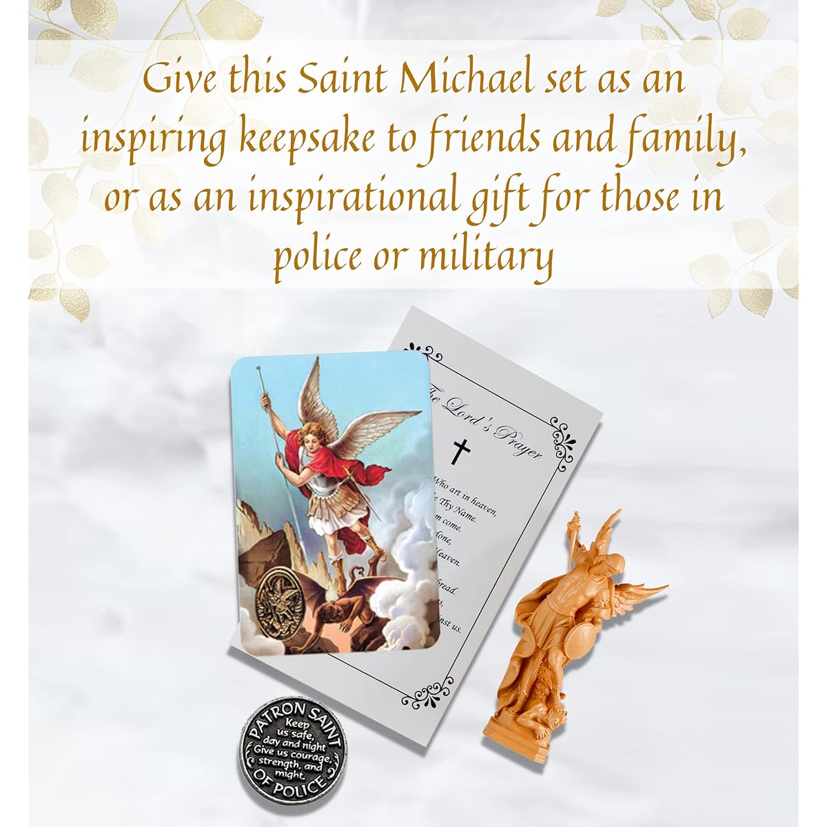 2.5" Mini Saint Michael Statue with Laminated Saint Prayer Cards, Pocket Token Coin, Lord's Prayer, Small Archangel Michael Statue Figurine, Catholic San Miguel Arcángel Estatua, Set of 4