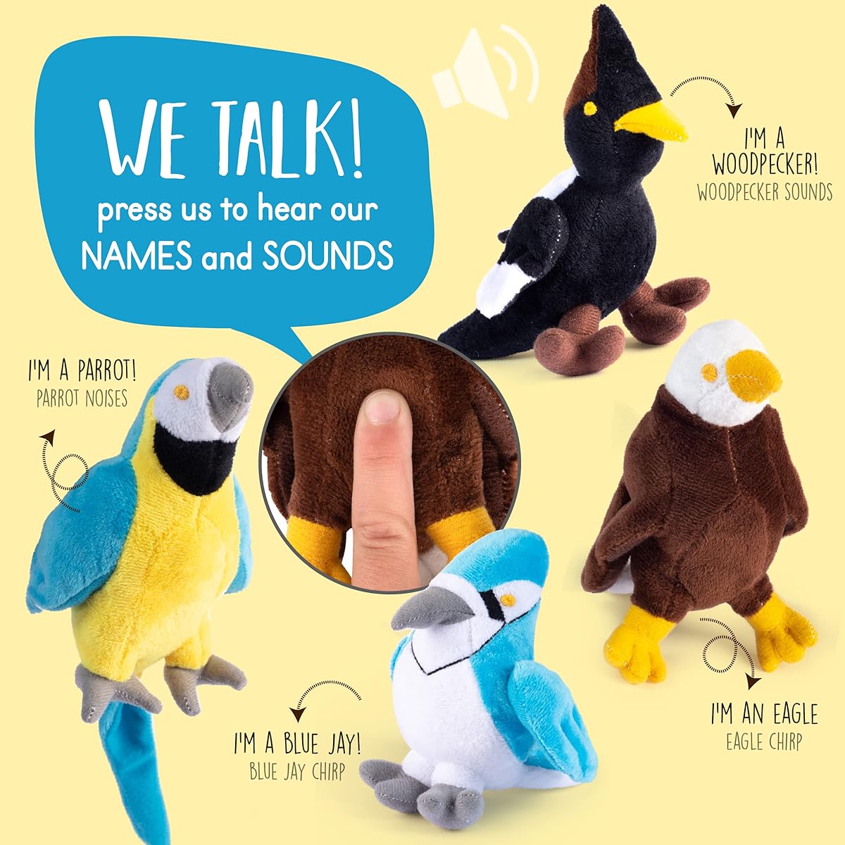 Audubon Plush Toys | Audubon Plush Toy Set | Set of 4 Talking Birds | Real Sound Plush Birds | 4 Talking Birds