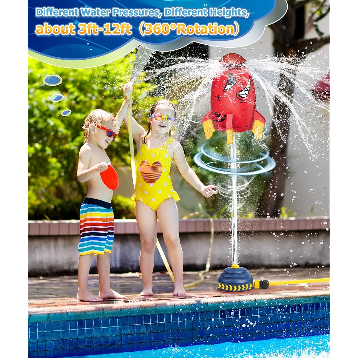 DOLNOW Outdoor Water Toy Rocket Sprinkler for Kids, Rocket Hydro Powered Lift Off 3-12 Feet Rotation, Summer Backyard Water Play Toys Birthday Gift for Ages 3-10 Girls Boys (3/4" Hose Adapter Included)