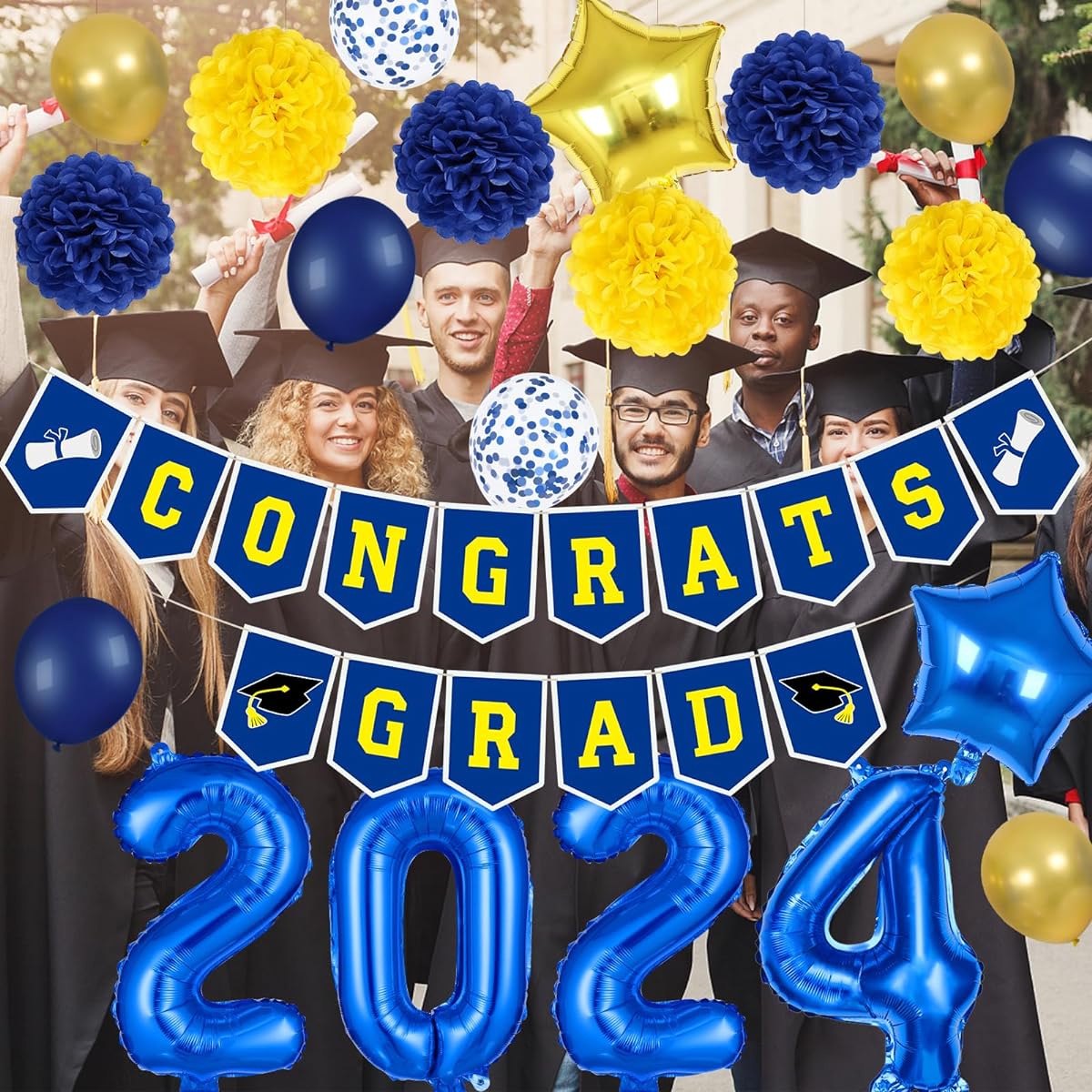Blue and Yellow Congrats Grad Banner 2023 Graduation Balloons Graduation Gifts Graduation Banner Blue Yellow Congrats Graduation Party Decorations 2023