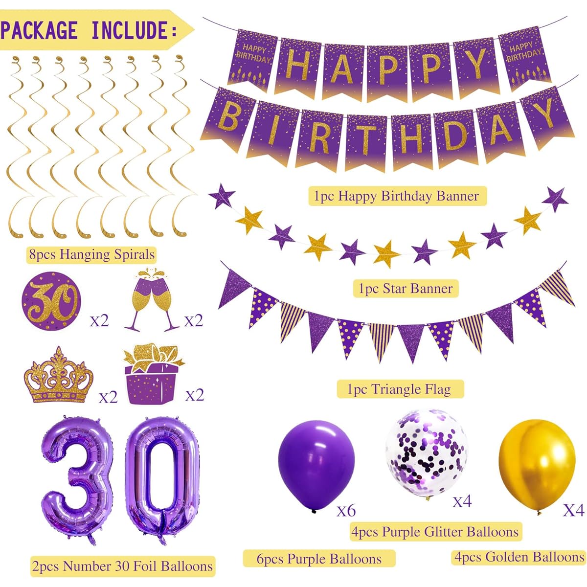MEIWUTIE 30th Purple Birthday Decorations for Women, Purple and Gold Butterfly Party Decorations, 30th Foil Balloons, Happy Birthday Banner, Photography Backdrop for Women and Girls, Wedding Anniversary