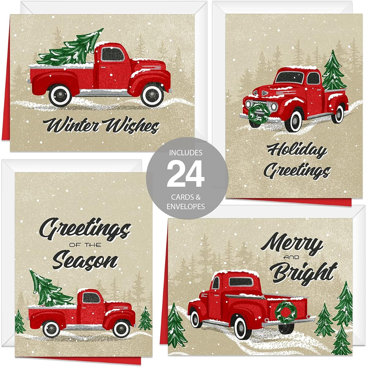 Rustic Vintage Truck Holiday Card Pack / 24 Farmhouse Christmas Cards with White Envelopes / 6 1/4" x 4 5/8" Seasonal Greeting Cards / 4 Holiday Designs