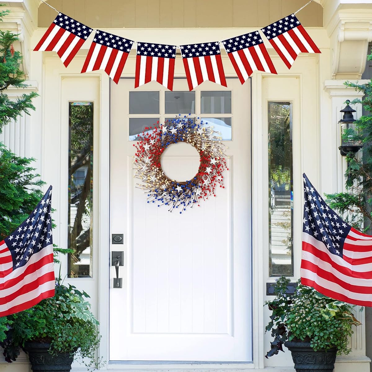 Sggvecsy 20" 4th of July Patriot's Day Wreath Red Blue White Berry Wreath Americana Flag Metal Star Patriotic Decorations for Memorial Day Independence Day Veterans Day Front Door Wall