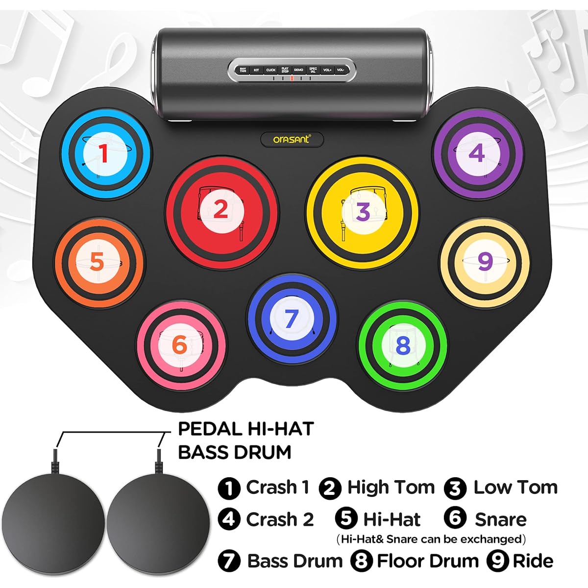 ORASANT 9 Pads Real Effects Rechargeable Portable Electronic Drum Set with Icons Roll-up Practice Drum Pad Electric Drum Pad with Speaker/Headphone Jack/Pedal 12 Hour Playtime Christmas Gift