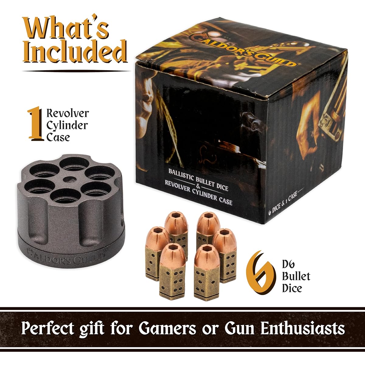 Metal Bullet Dice & Revolver Cylinder Holder | 6 D6 Roleplaying Dice Set & Storage Case | Compatible with Dungeons & Dragons, Warhammer 40K & Cyberpunk Tabletop RPGs | Unique DND DM Gift Accessory
