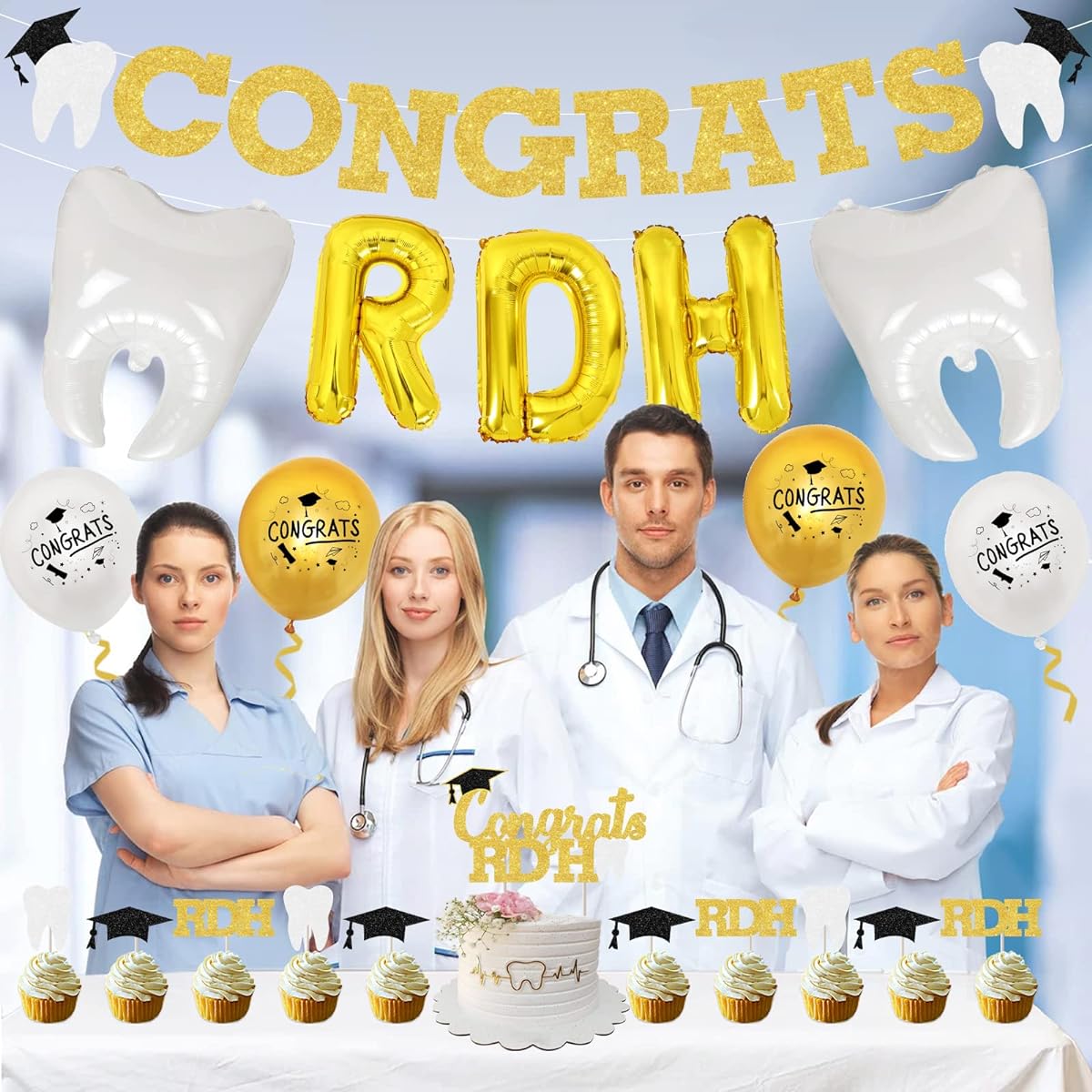 Dentist Graduation Party Decorations, Congrats RDH Dental Graduation Decorations Kit 2023 - Congrats Glitter Banner, RDH Balloon Banner, Congrats RDH Cake Cupcake Toppers for Dental Student Graduation Party