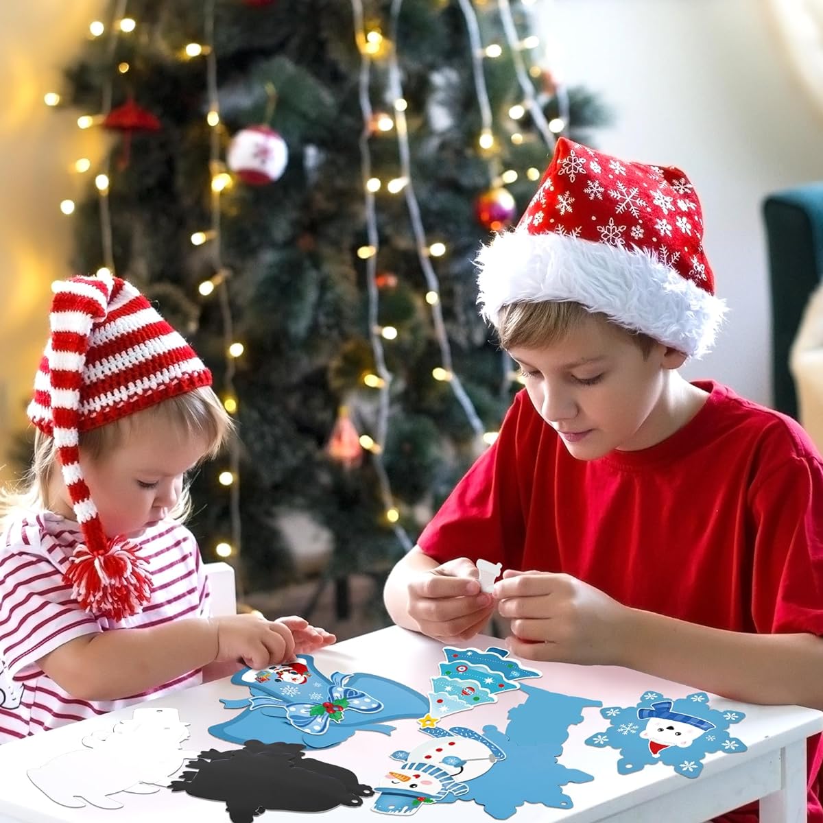 Christmas Crafts for Kids Decorations 24 Pack Make Your Own Ornament Kit Christmas Ornaments Craft Sticker Kit Christmas Art Holiday Crafts Snowman Snowflake Bell Santa Claus Christmas Tree