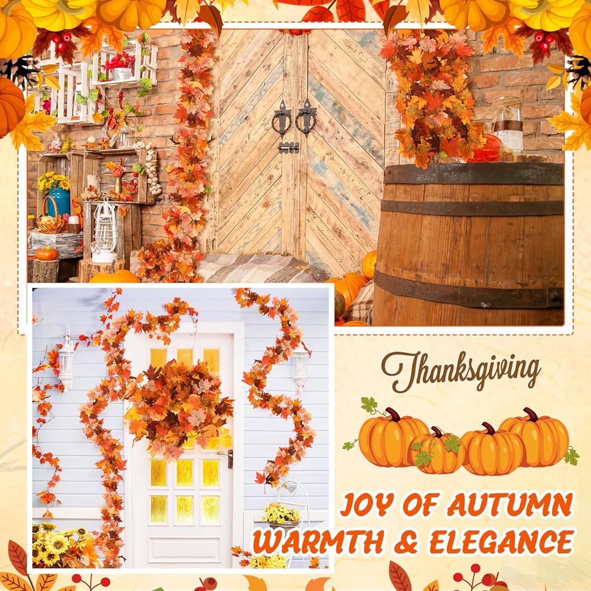 Tigeen Fall Maple Leaf Garland, 12pcs 5ft Artificial Maple Leaves Fall Garland Leaf Decorations Artificial Plants Hanging Fall Leaves for Outdoor Fireplace Thanksgiving Fall Decor