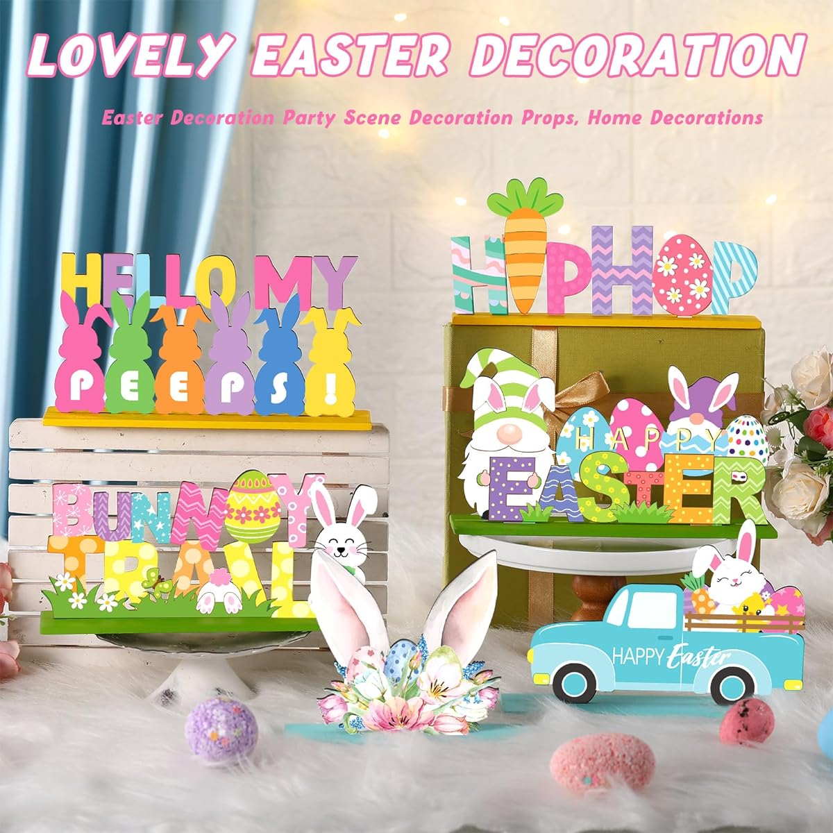 Anglechic Easter Bunny Tabletop Decor, Easter Table Decor, Easter Tiered Tray Decoration Set, Happy Easter Egg Truck, Wooden Sign, Easter Gnome, Rustic Table Centerpiece for Home Spring Party