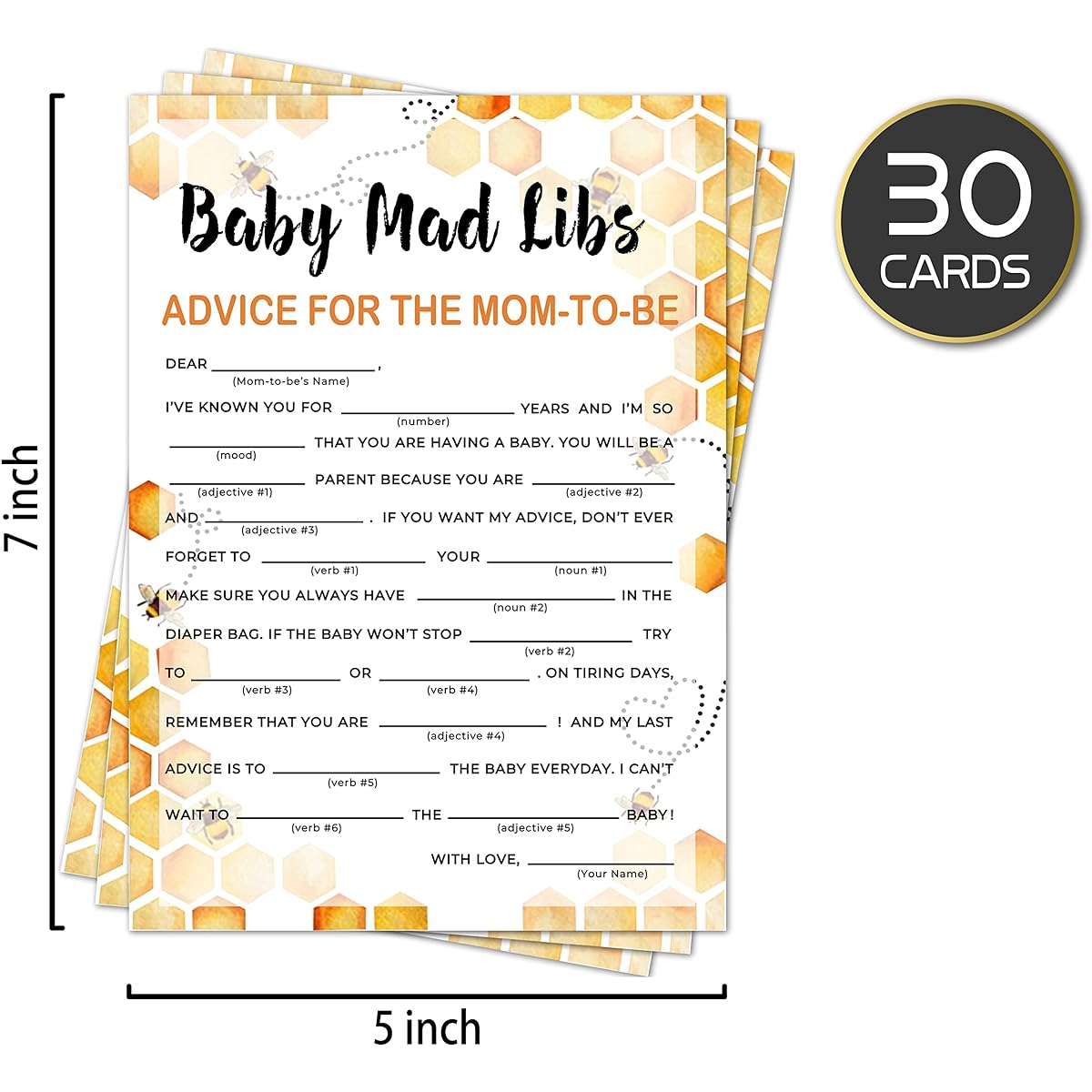 Baby Mad libs Baby Shower Game, Gender Reveal Party Supplies,Honeycomb Bumble Bee Party Decorations,– 30 Game Cards (bb013-yx12)