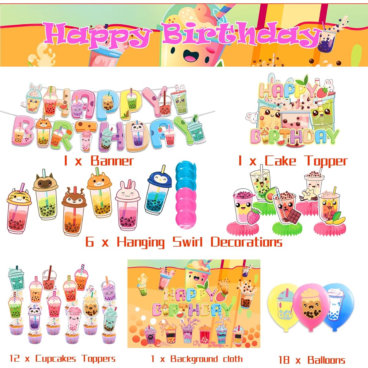 Boba Tea Party Decorations Bubble Tea Birthday Decorations Includes Boba Tea Birthday Banner, Backdrop, Spirals, Honeycomb Centerpieces, Cake Cupcake Toppers, Balloons for Boba Tea Party Favors