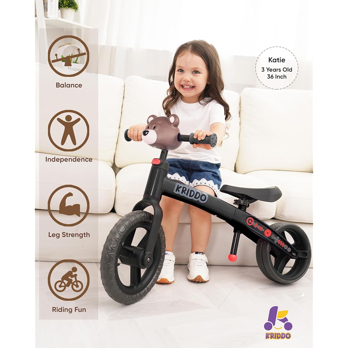 KRIDDO Toddler Balance Bike for 2 Years 24 Months to 5 Years, Modern Style Early Learning Interactive Push Bicycle Gift Bike for 2-5 Year Old Boys and Girls, Dual Rear Wheels, Black