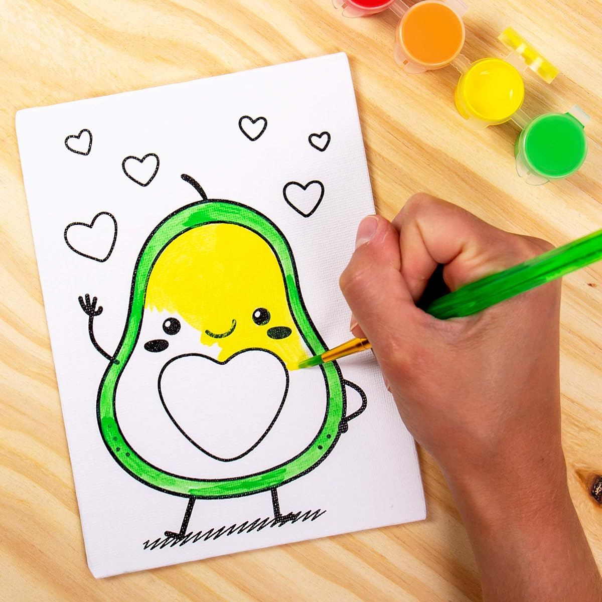 Horizon Group USA Pre-Printed Canvas & Paint Art Set - 3 Pack 5x7 Canvas Panels, 12 Tempera Paints, 6 Easy-Grip Paint Brushes, Avocado, Rainbow Friends, Glitter Llama