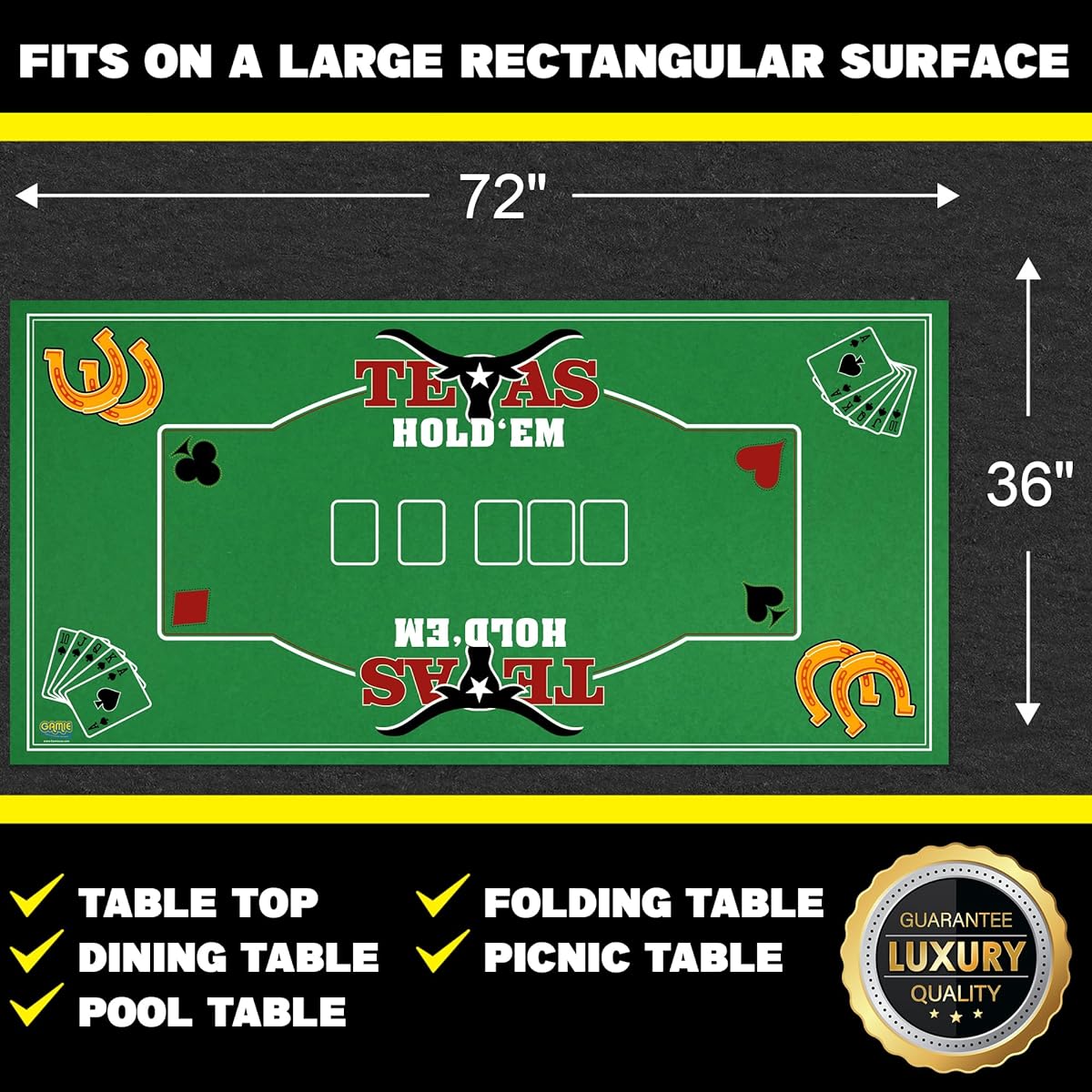 Gamie Double Sided Felt Casino Mat 36" x 72" for Blackjack & Texas Hold'em Poker, 2-in-1 Texas Hold'em Poker Mat & Blackjack Mat, Professional Grade Felt Poker Tabletop Mat with Instructions