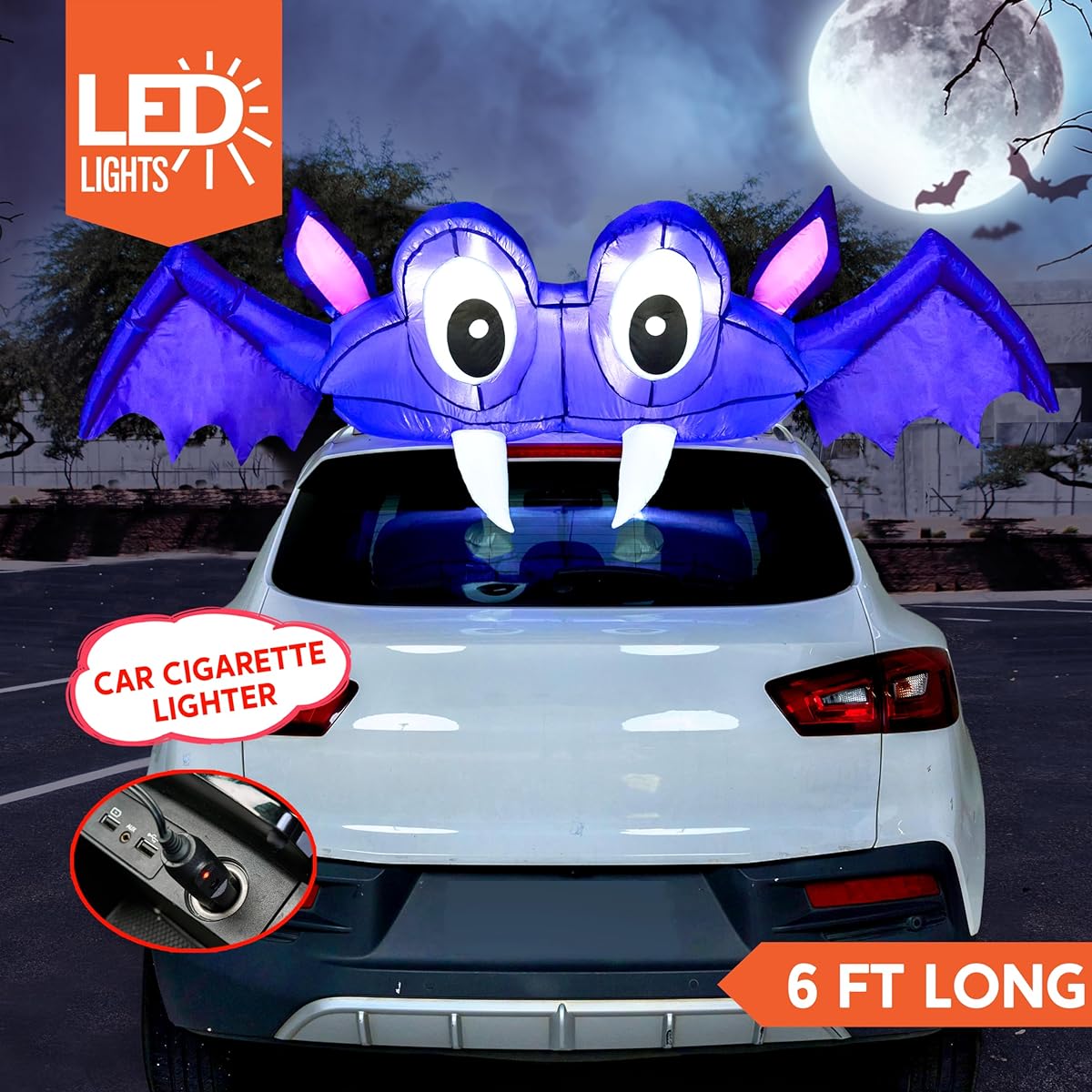 Joiedomi 6ft Halloween Inflatable Bat Car Trunk Decoration Built-in LED Halloween Blowup Trunk Treat Car Decoration Halloween Outdoor Decoration Garden Lawn Holiday Party Decoration