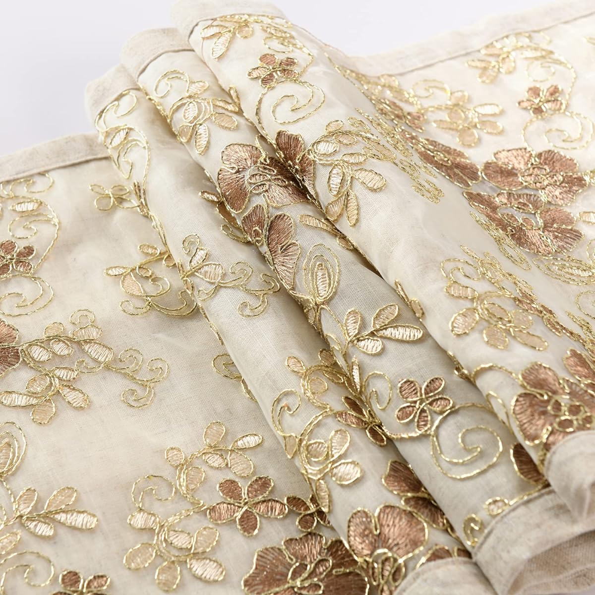 Sylvia Wu Gold Table Runner 90" Long Rustic Burlap Table Runner Macrame and Floral Embroidered Table Runner Modern Farmhouse Boho Dining Bedroom Decor Dresser Runner (14" x 90")