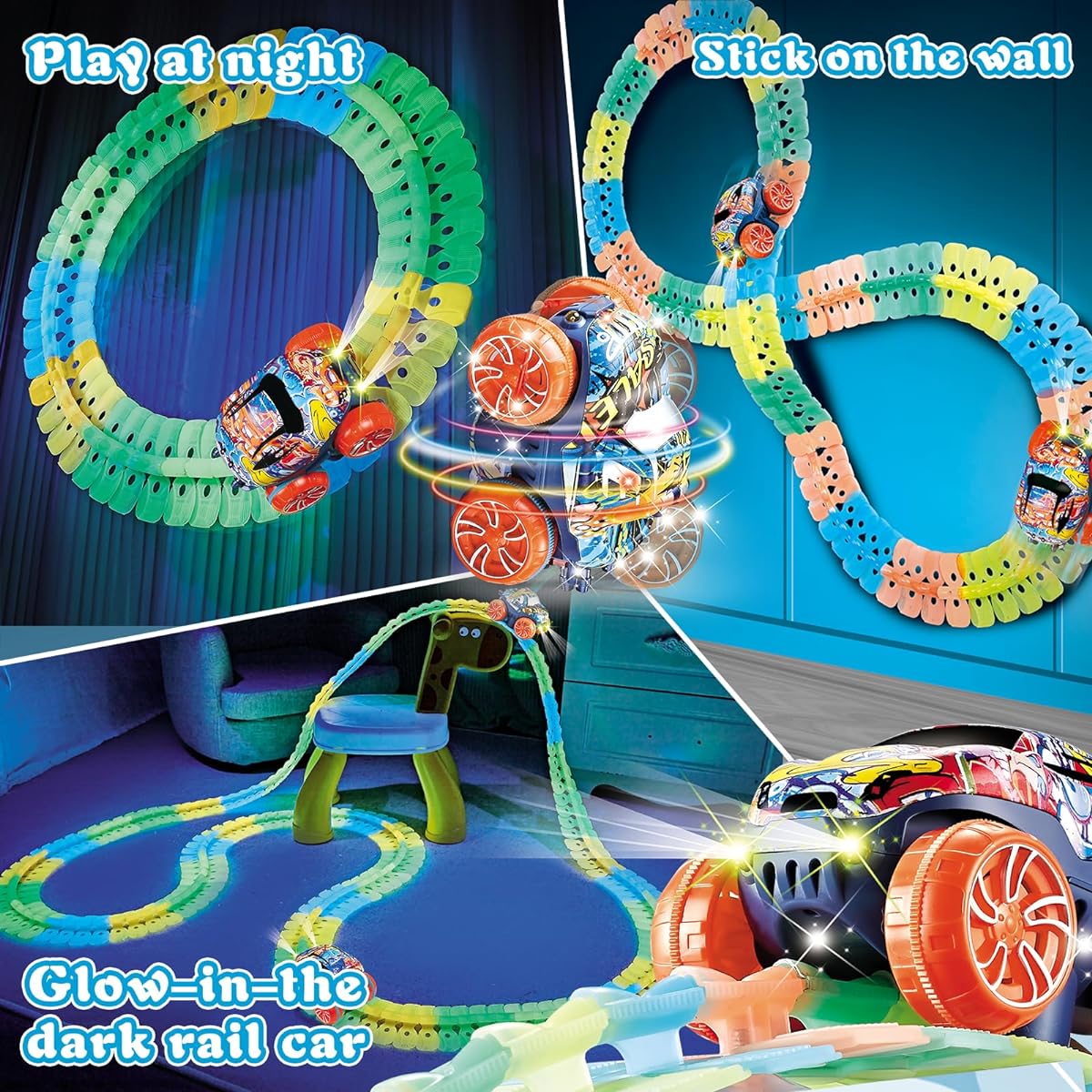 CREAMKIDS Kids Race Track Car Set, Luminous Suction Cup Track, Slot Race Cars with LED Lights, Flexible Racing Car Changeable Track Set for Kids Ages 3+ (191 Pieces)