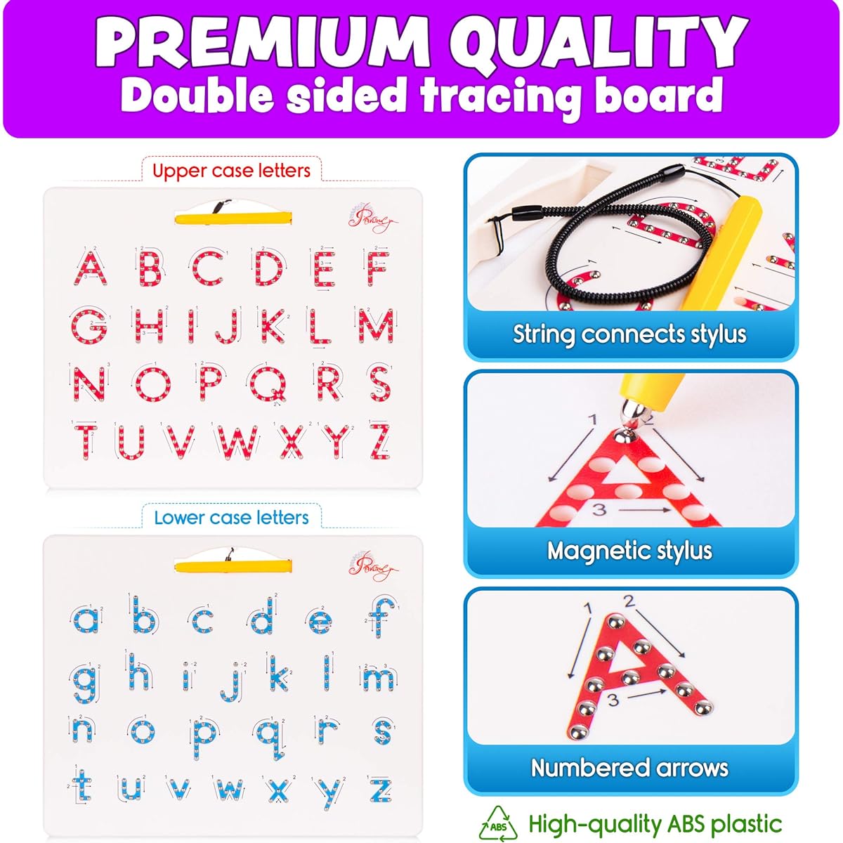 Povitrulya Magnetic Alphabet Tracing Board - Double-Sided Uppercase and Lowercase Magnetic Drawing Board ABC Magnets Learn to Write with Magnetic Pens STEM Letter Learning Toys Great for Homeschooling