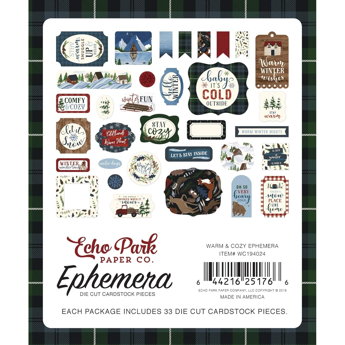 Echo Park Paper Company Warm & Cozy ephemera, green, red, navy, blue, wood grain