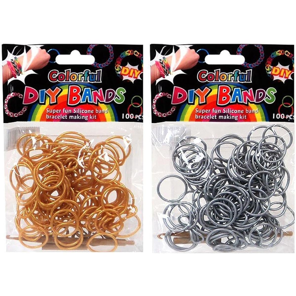 DIY Loom Rubber Bands - 100 Count Silver + 100 Count Gold Refill Bands with Clips and Loom Tools