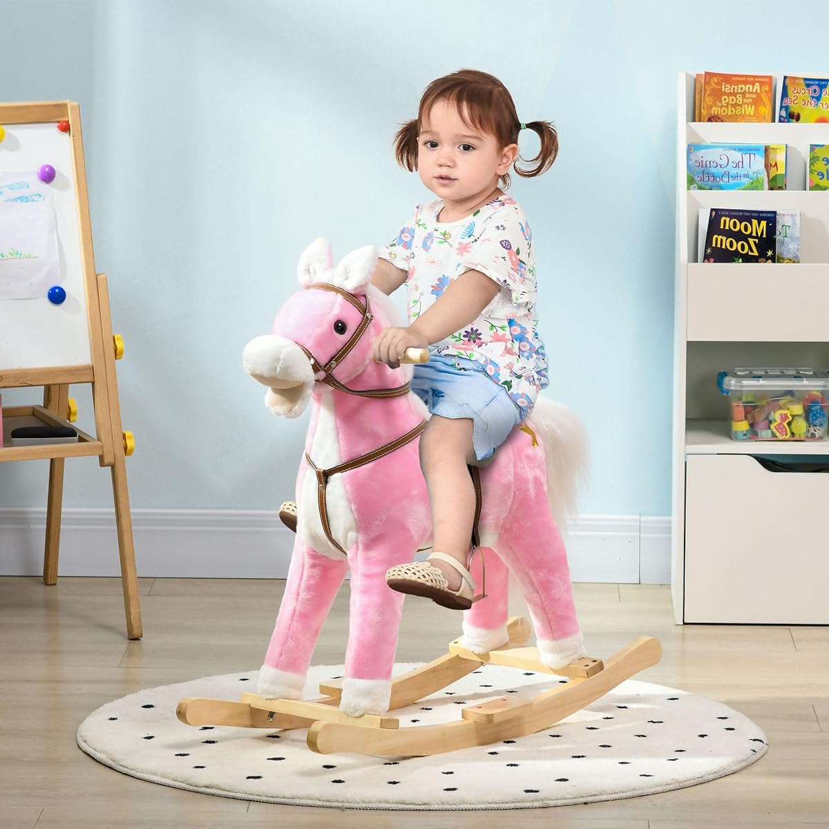 Qaba Rocking Horse with Sound Ride on Horse with Saddle Toddler Rocker Gift for Ages 3-8 Pink