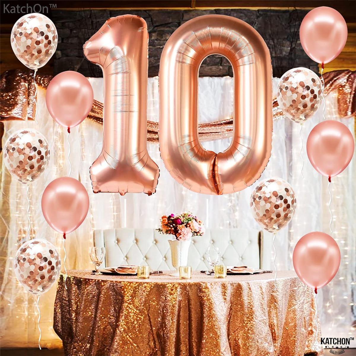 Rose Gold 10 Number Balloons Decorations - Extra Latex Balloons and Foil Mylar Balloons for 10th Birthday Party Decorations, Supplies for 10th Birthday Party, Birthday Decorations, Anniversary, 32ft Balloon String