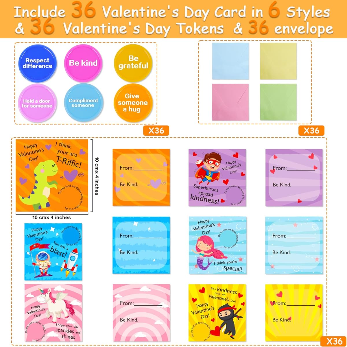 Valentine's Day Cards - 36 Pack Valentine Kindness Cards for Kids with Envelopes and Tokens - Valentine's Party Favors, School Classroom Giveaways and Exchange Gifts