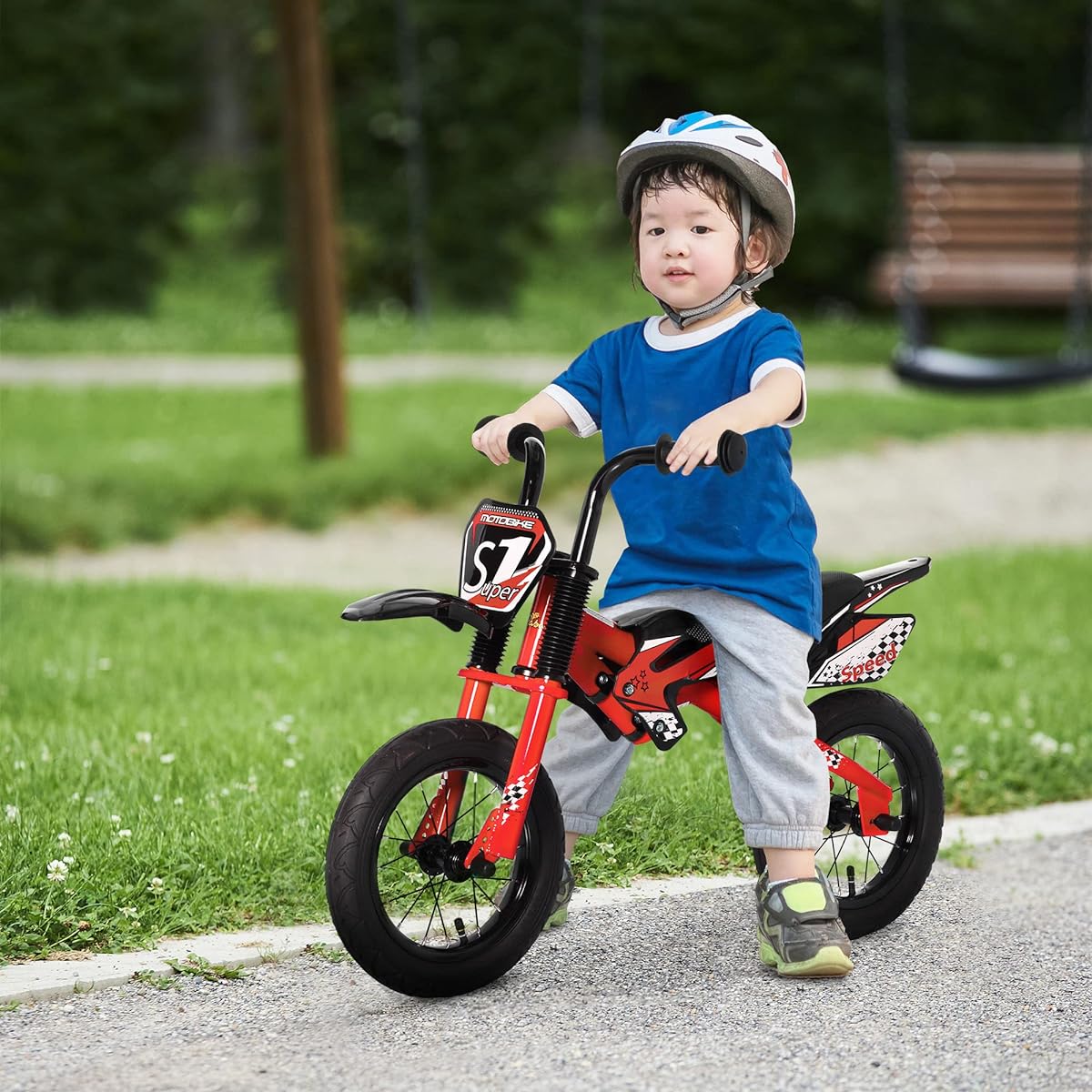 Qaba Kids Balance Bike Motor Bike Style Pedalless Training Bicycle with Soft Grip Handle Inflatable Rubber Tires PU Seat for Ages 3-6 Years Red