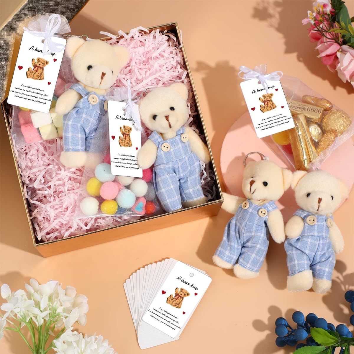 20 Sets Miniature Bear with Costume Stuffed Animal Bear Decoration 4.7'' Bear Baby Shower Doll Favor Bear Hug Gift Card White Organza Bag for Guest/Baby Shower/Souvenir/Birthday Party (Blue)