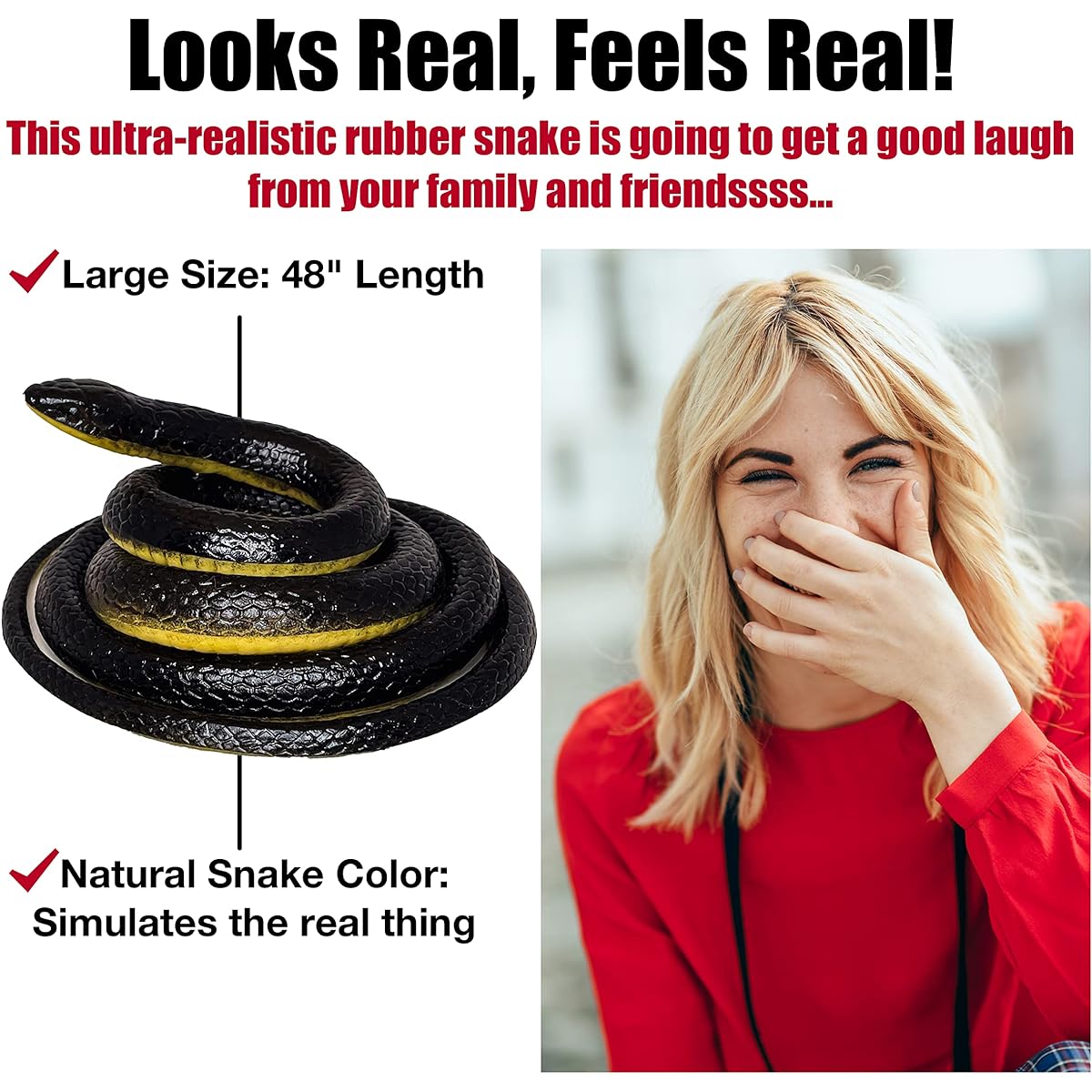 FunFamz Original Fake Snake Toy Pack - Rubber Snakes, Realistic & Plastic Snakes, Rubber Snakes to Repel Birds, Big Rubber Snake Black, Realistic Snake Toys, Realistic Snake Toys