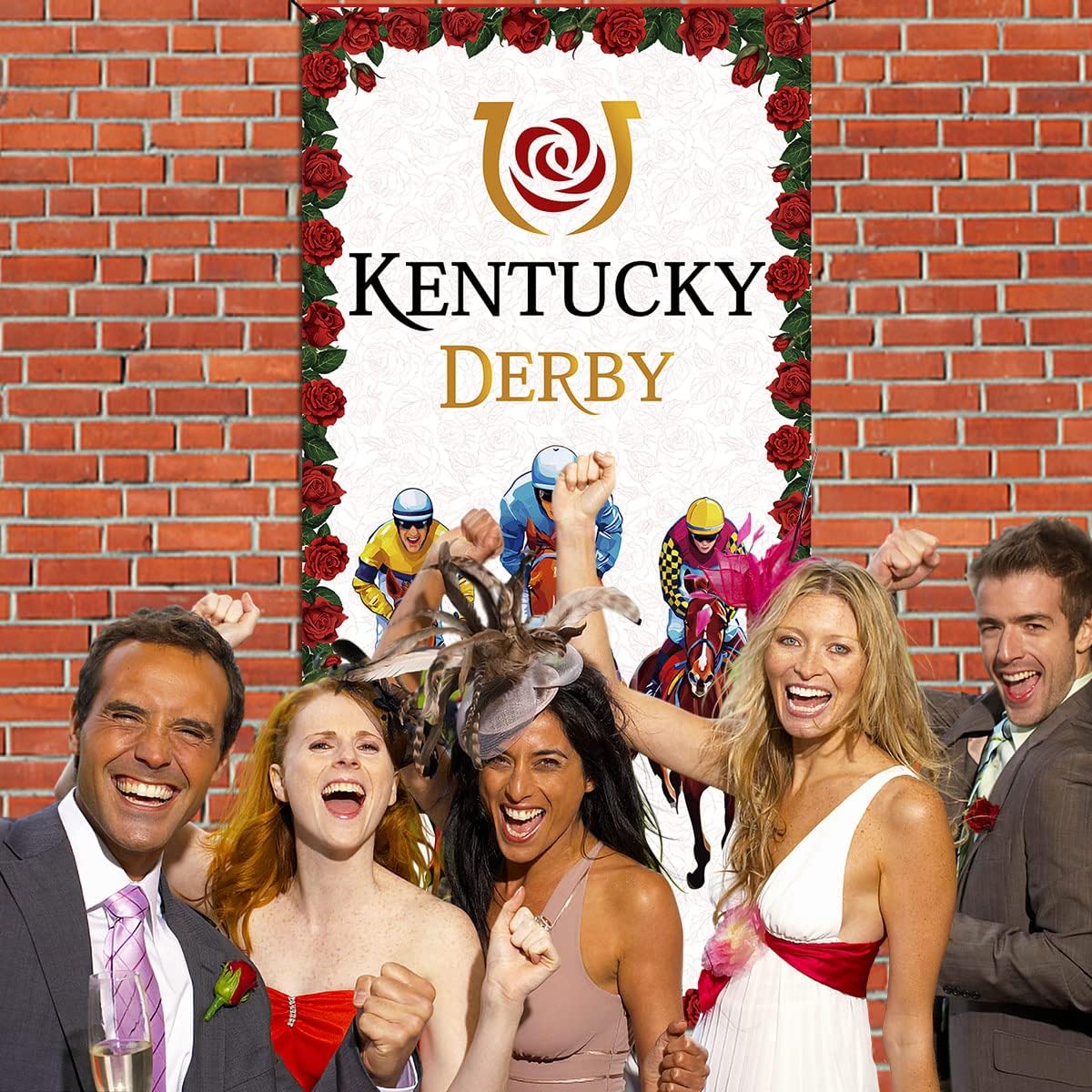 Kentucky Derby Door Cover Jockey Run Rose Banner Horse Racing Party Decoration Indoor/Outdoor Backdrop Home Decoration Supplies (White)